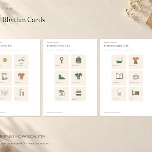 May include: Three white pages titled Daily Rhythm Cards featuring Everyday steps 1-6, 7-12, and 13-18. Each page contains six square icons with illustrations of daily activities like waking up, brushing teeth, and getting dressed with text labels.