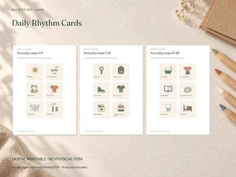 May include: Three white pages titled Daily Rhythm Cards featuring Everyday steps 1-6, 7-12, and 13-18. Each page contains six square icons with illustrations of daily activities like waking up, brushing teeth, and getting dressed with text labels.
