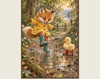 Puddle Fox Poster, Kids Animal Wall Art, 50x70 cm Unframed Matte Print