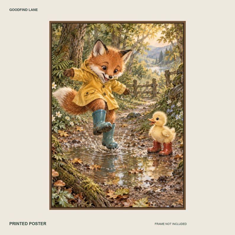 Puddle Fox Poster, Kids Animal Wall Art, 50x70 cm Unframed Matte Print image 1