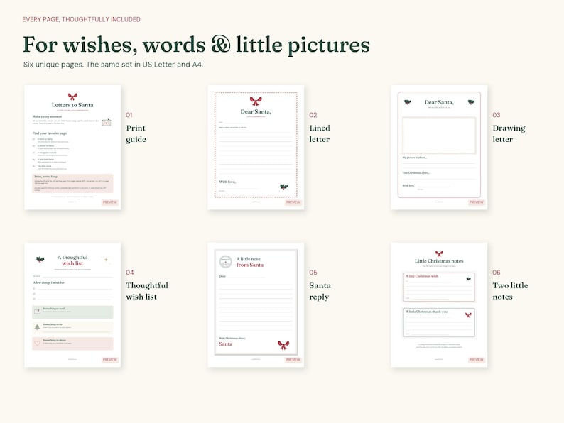 サンタクロースへの手紙と願い事リストの印刷用セット、クリスマス返信用便箋、USレター＆A4 PDF 画像 2