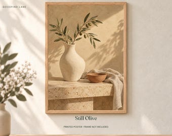 Olive Branch Art Print, Neutral Still Life Wall Art, 30x40 or 50x70 cm Unframed Matte Poster