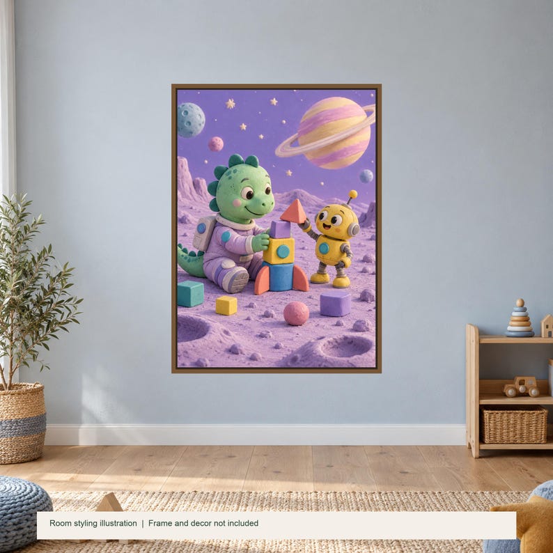 Dinosaur Builds on the Moon Poster, Kids Animal Wall Art, 50x70 cm Unframed Matte Print zdjęcie 2