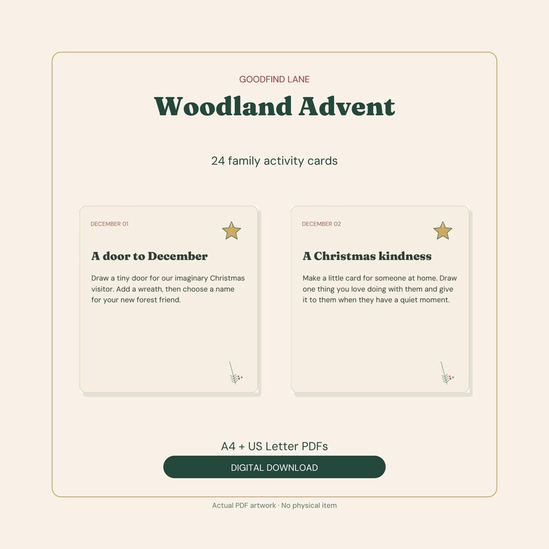 Woodland Advent Activity Cards, 24 Christmas Ideas for Families, Printable Countdown, A4 and US Letter PDF image 1