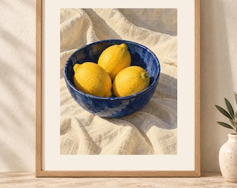 Lemon Still Life Print, Cobalt Bowl Kitchen Wall Art, Digital Download