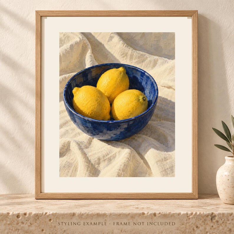 Lemon Still Life Print, Cobalt Bowl Kitchen Wall Art, Digital Download image 1