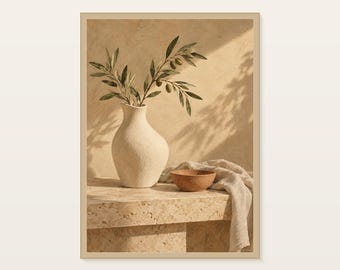 Olive Branch Art Print, Neutral Still Life Wall Art, 30x40 or 50x70 cm Unframed Matte Poster