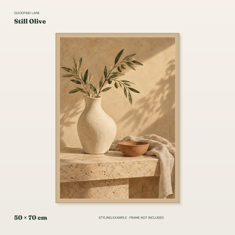 Olive Branch Art Print, Neutral Still Life Wall Art, 30x40 or 50x70 cm Unframed Matte Poster image 1