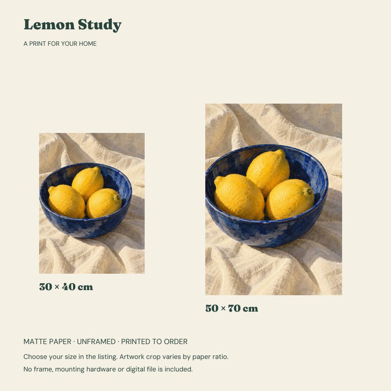Lemon Still Life Print, Cobalt Bowl Kitchen Wall Art, 30x40 or 50x70 cm Unframed Matte Poster image 2