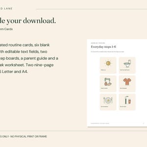 May include: A digital download set titled Goodfind Lane Daily Rhythm Cards. It includes 18 illustrated routine cards, six blank cards with editable text fields, two three-step boards, a parent guide, and a first-week worksheet in US Letter size.