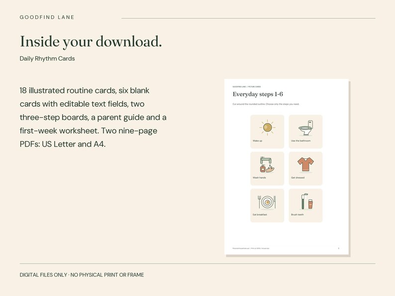 May include: A digital download set titled Goodfind Lane Daily Rhythm Cards. It includes 18 illustrated routine cards, six blank cards with editable text fields, two three-step boards, a parent guide, and a first-week worksheet in US Letter size.