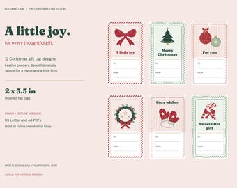印刷可能なクリスマスギフトタグ、12種類のホリデーデザイン、カラーとアウトライン、2 x 3.5インチタグ、USレターサイズとA4サイズのPDF