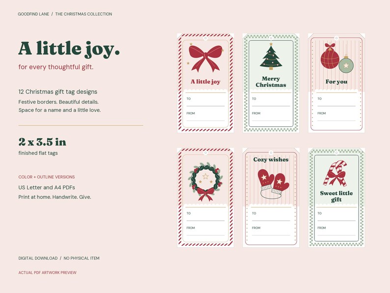 Utskrivbara julklappsetiketter, 12 juldesigner, färg och kontur, 2 x 3,5 tums etiketter, US Letter och A4 PDF bild 1