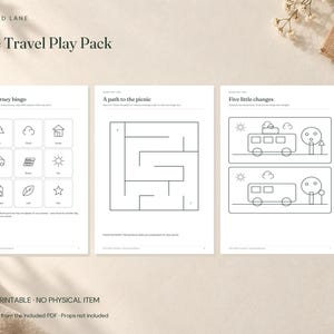 May include: Three white activity sheets titled Little Travel Play Pack featuring black line drawings. The pages include a Little journey bingo grid, a square maze titled A path to the picnic, and a Five little changes spot-the-difference game.