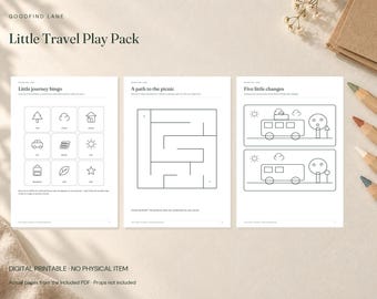 May include: Three white activity sheets titled Little Travel Play Pack featuring black line drawings. The pages include a Little journey bingo grid, a square maze titled A path to the picnic, and a Five little changes spot-the-difference game.