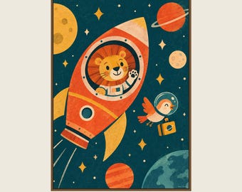 Lion in Space Poster, Kids Animal Wall Art, 50x70 cm Unframed Matte Print