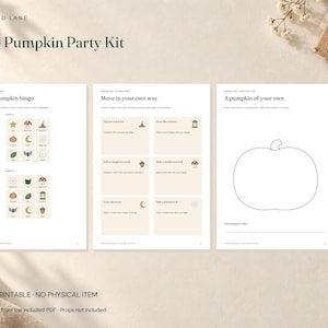 May include: Three pages of a Little Pumpkin Party Kit digital printable. The pages feature activities titled A little pumpkin bingo, Move in your own way, and A pumpkin of your own, with illustrations of stars, mushrooms, moons, and pumpkins.