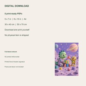 Dinosaur Builds on the Moon Printable Wall Art, Kids Room Digital Download, 5 PDF Sizes Including 50x70 cm immagine 4