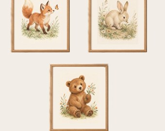 Woodland Animal Prints Set of 3, Fox Rabbit Bear Nursery Wall Art PDF