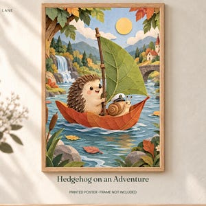 Hedgehog on an Adventure Poster, Kids Animal Wall Art, 50x70 cm Unframed Matte Print image 1