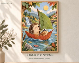 Hedgehog on an Adventure Poster, Kids Animal Wall Art, 50x70 cm Unframed Matte Print
