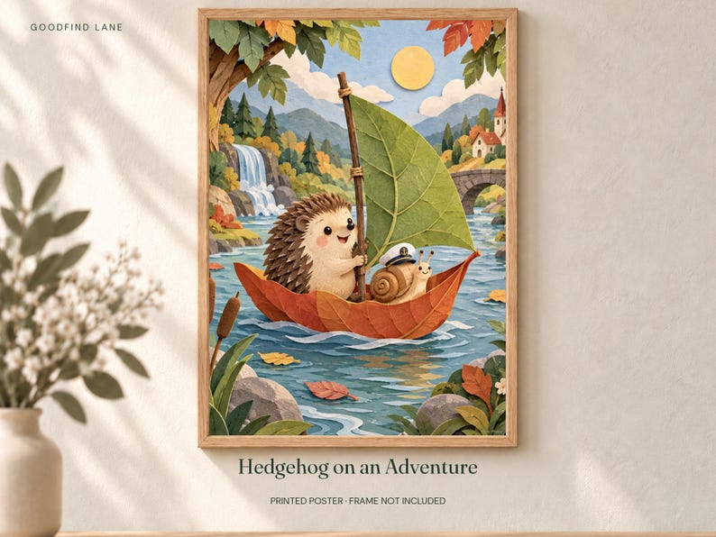Hedgehog on an Adventure Poster, Kids Animal Wall Art, 50x70 cm Unframed Matte Print image 1