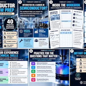 May include: A digital semiconductor interview preparation workbook by Fabready Career Co. featuring 40 practice questions, technical basics, industry guides, and worksheets. This printable PDF resource includes career advice, checklists, and real-world examples.