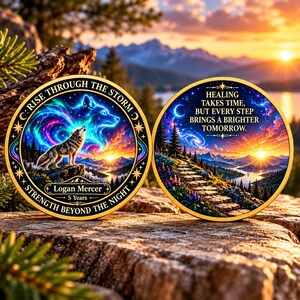 Moneta commemorativa personalizzata con lupo per la sobrietà, con nome e anni di sobrietà personalizzabili, regalo per l'anniversario di recupero, regalo per il traguardo della sobrietà in Alcolisti Anonimi e Narcotici Anonimi.