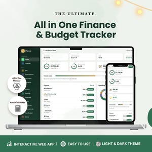 May include: A digital finance and budget tracker displayed on a laptop and smartphone screen. The interface features dark green and white elements, showing income, expenses, and bill tracking. Text includes The Ultimate All in One Finance & Budget Tracker.