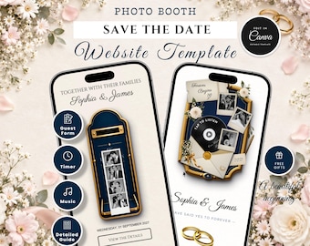 May include: A digital Save the Date website template for a photo booth, displayed on two smartphones. The design features navy blue and gold accents, a photo strip, a vinyl record graphic, and the text Sophia & James, surrounded by floral elements.