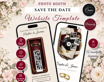 Puede incluir: Una plantilla de sitio web Save the Date para una boda con dos pantallas de smartphone que muestran los detalles del evento de Sophia y James. El diseño incluye acentos burdeos, tiras de fotos, un disco de vinilo y anillos de oro.