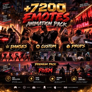 Op de afbeelding: Een digitale promotieafbeelding voor een +7200 Emotes animatiepakket compatibel met FiveM. De afbeelding toont gestileerde personages in een stadsomgeving, met categorieën voor dansen, aangepaste animaties en rekwisieten.