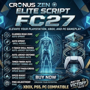 Könnte beinhalten: Cronus Zen Elite Script FC27 digitale Werbung mit einer blau leuchtenden Fußballspieler-Silhouette, einem weißen Gamecontroller und einer Liste von Spielfunktionen wie Auto Sprint, Skill Moves und Timed Finish Auto für Xbox, PS5 und PC.