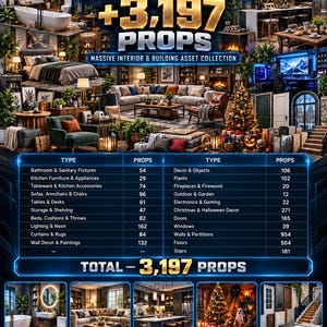May include: A digital asset collection titled Furniture +3,197 Props, featuring a massive interior and building asset library. The image displays a table of categories and counts, with five smaller panels showing bathroom, living room, kitchen, seasonal decor, and building parts.