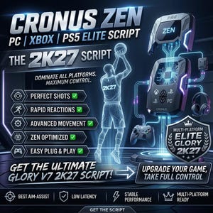 May include: A Cronus Zen gaming device with a digital display, featuring text including CRONUS ZEN, PC, XBOX, PS5 ELITE SCRIPT, THE 2K27 SCRIPT, and various performance icons. A glowing wireframe basketball player is centered with gaming controller graphics.