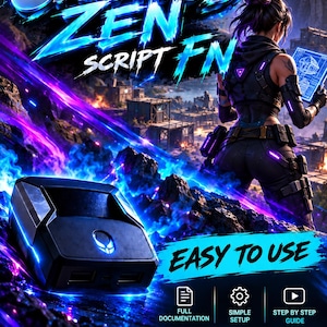 Può includere: Un adattatore da gioco nero Cronus Zen con logo luminoso, mostrato su uno sfondo di campo di battaglia digitale con il testo Cronus Zen Script FN, Easy To Use, Full Documentation, Simple Setup, Step By Step Guide e compatibilità con Xbox, PS5 e PC.