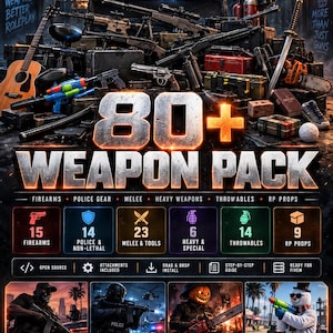 以下が含まれることがあります： Xelorium Weapon Packのデジタルプロモーション画像。銃器、近接武器、ロールプレイ用小道具のコレクションが特徴です。テキストには「80+ Weapon Pack」と記され、銃器、警察装備、近接武器、重火器、投擲武器、ロールプレイ用小道具のカテゴリーが表示されています。