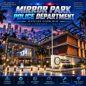 Op de afbeelding: Een digitale afbeelding van het Mirror Park Police Department gebouw bij nacht, met een modern bouwwerk met glazen wanden, een vlag en een stadsskyline. Tekst bevat 'Mirror Park Police Department', 'Serve, Protect, Patrol' en functie-iconen.