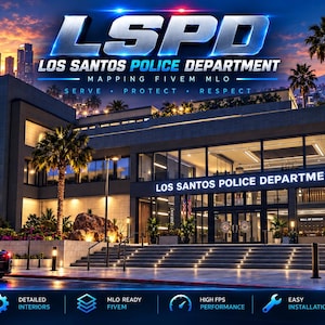 Può includere: Un grafico digitale dell'edificio del Los Santos Police Department al tramonto, con il logo LSPD, un'auto della polizia e testo che include "LOS SANTOS POLICE DEPARTMENT", "SERVE PROTECT RESPECT" e "A SAFER STRONGER COMMUNITY" con icone.