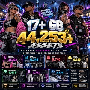 Puede incluir: Un paquete de activos digitales titulado Premium Clothing Collection con más de 17 GB y 44,253 activos. La pantalla incluye categorías para mujeres, hombres, EUP, tops, chaquetas, accesorios, pantalones, zapatos, cabello, chalecos, sombreros, máscaras y calcomanías.