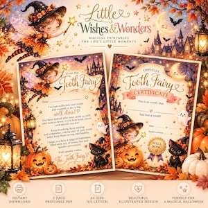 May include: Two printable Tooth Fairy certificates featuring a Halloween theme with a fairy, a black cat, pumpkins, and a ghost. The text includes 'Little Wishes & Wonders', 'From the Tooth Fairy', and 'Official Tooth Fairy Certificate'.