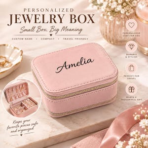 Joyero personalizado con nombre en letra cursiva y doble cremallera / Diseño personalizado de Amelia / Regalo para ella