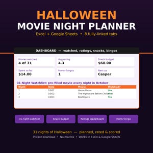May include: A digital Halloween Movie Night Planner for Excel and Google Sheets. The interface displays a dashboard with metrics for movies watched, ratings, snack budget, and horror bingos, alongside a 31-night watchlist table for October.