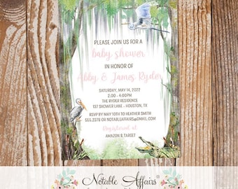 Watercolor Cajun Louisiana Swamp Girl Egret Pelican Gator Baby Bridal Shower Engagement Party etc light pink invitation - no color changes