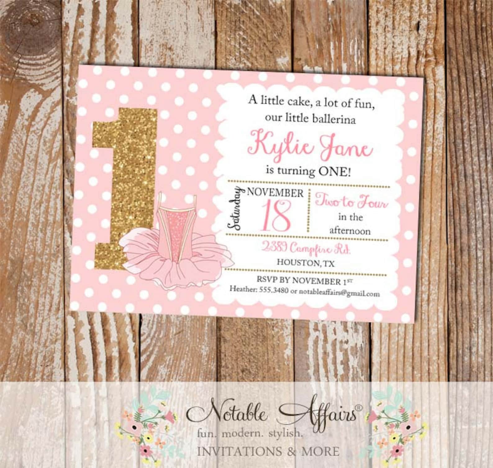 light pink and gold glitter ballet ballerina tutu pink birthday party invitation - any age