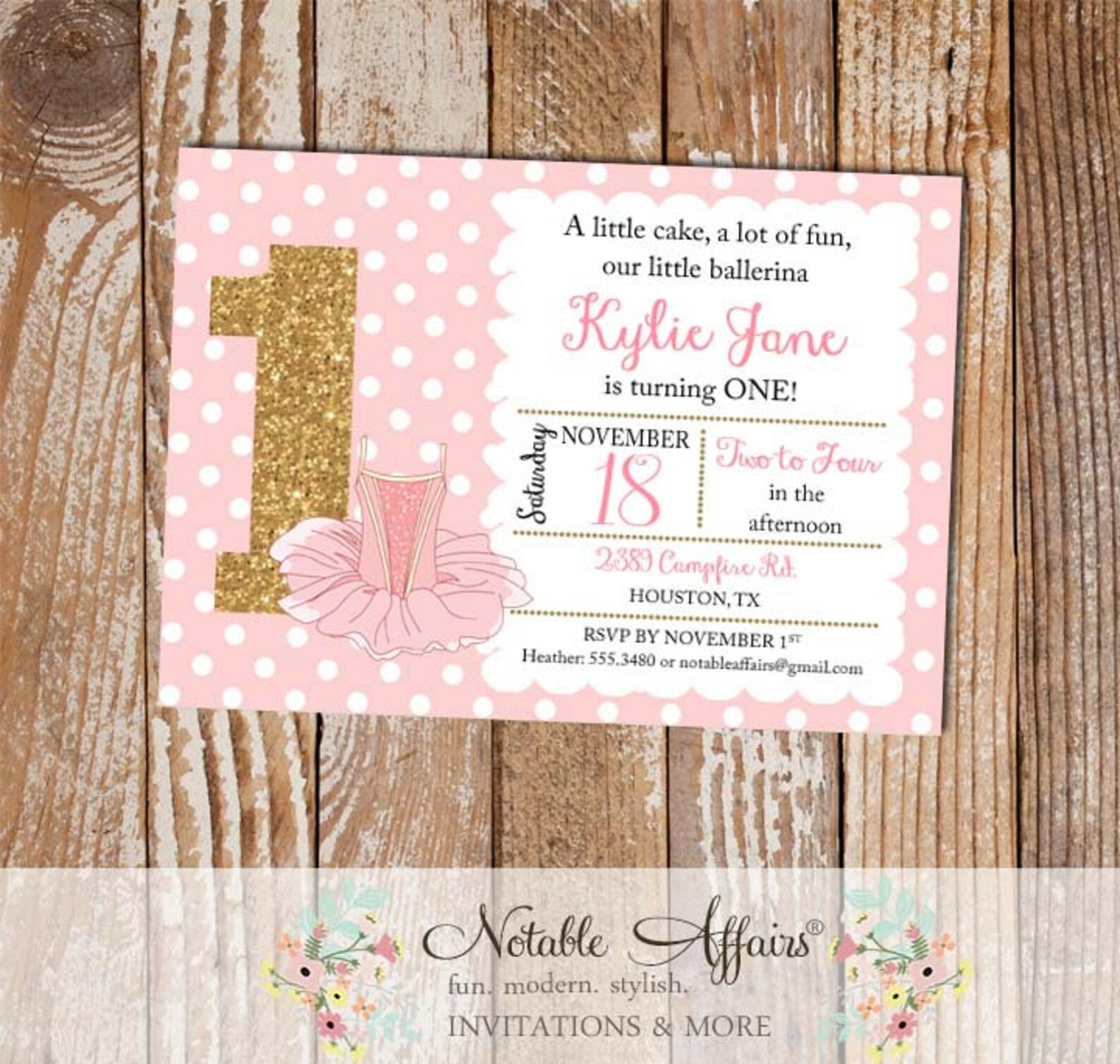 light pink and gold glitter ballet ballerina tutu pink birthday party invitation - any age