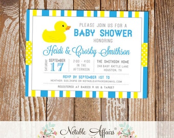 Cyan Blue and Yellow Rubber Duck Stripes and Polka Dots Baby Shower invitation - choose your colors - Rubber Ducky Baby Shower