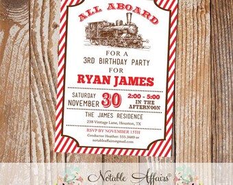 Vintage Red Stripes All Aboard Train Birthday party invitation - train ticket style invitation - any age