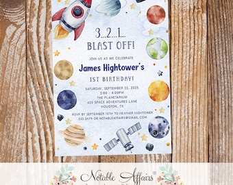 Astronaut Outer Space Lift Off Out of this World Birthday invitation - Planets Outer Space Birthday Any age - Blast Off Birthday Invitation
