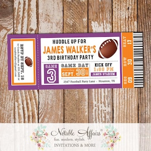 Football Tailgate Birthday Party Football Ticket Invitation - Orange and Purple Football Invite- choose 2 colors - All Star Birthday Ticket